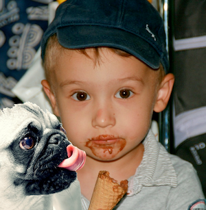 Food for thought. DOg licking ice cream from child's face