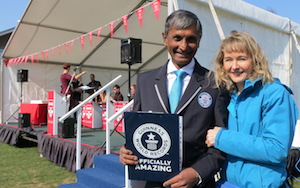 Reading University's world record attempt - photo of Lysette Offley with Guinness Book of Records judge