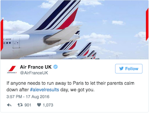Social Media Funnies #alevelresults. Tweet from AirFrance